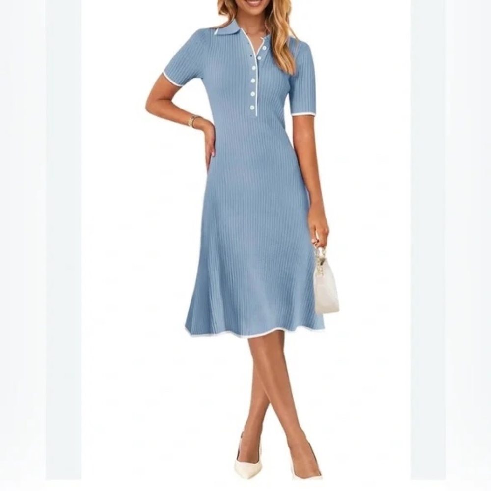 NWT Merokeety Ribbed Knit Midi Dress V-Neck Contrast Trim Large